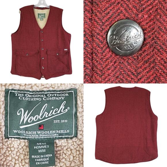 Woolrich Vest Sherpa Fleece Lined Burgundy Wool Gilet Mens Size M Medium Snap - Picture 1 of 9